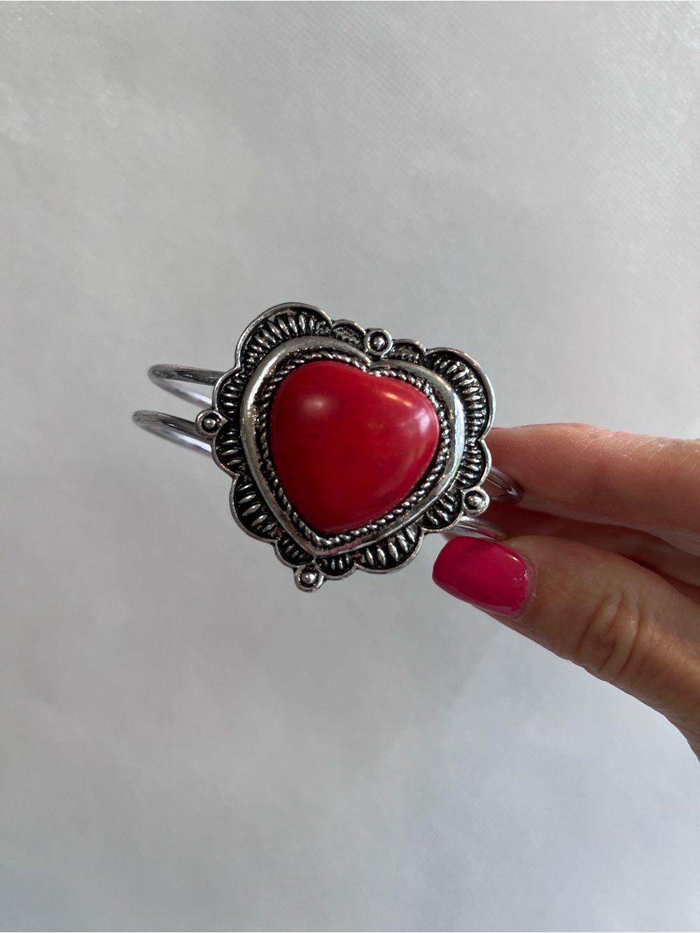 Chunky Red Heart Bangle Silver Tone Bracelet